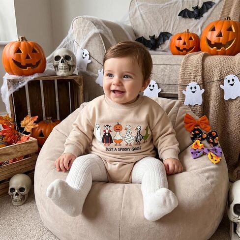 Newborn Baby Boy Fall Clothes Pumpkin Goose Print Romper Onesie | Cute Long Sleeve Crew Neck Romper Onesie Bodysuit Fall Winter Clothes in Kuwait