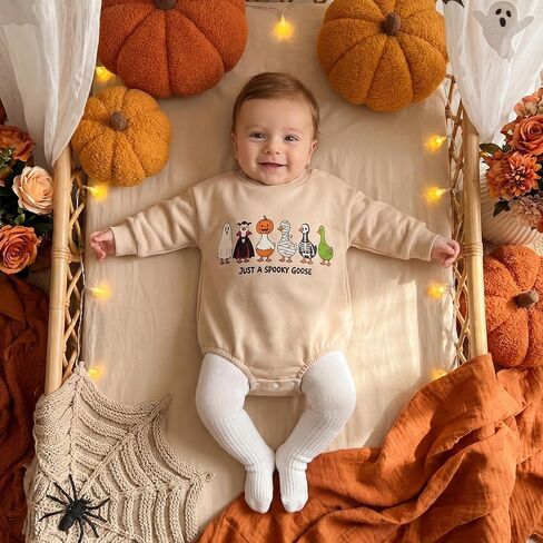 Newborn Baby Boy Fall Clothes Pumpkin Goose Print Romper Onesie | Cute Long Sleeve Crew Neck Romper Onesie Bodysuit Fall Winter Clothes in Kuwait