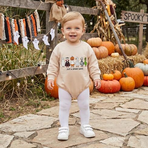 Newborn Baby Boy Fall Clothes Pumpkin Goose Print Romper Onesie | Cute Long Sleeve Crew Neck Romper Onesie Bodysuit Fall Winter Clothes in Kuwait