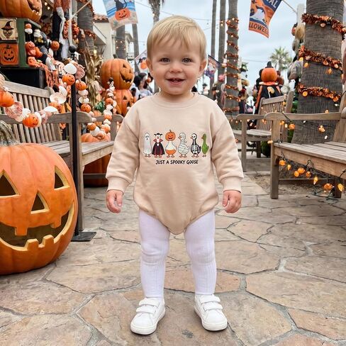 Newborn Baby Boy Fall Clothes Pumpkin Goose Print Romper Onesie | Cute Long Sleeve Crew Neck Romper Onesie Bodysuit Fall Winter Clothes in Kuwait