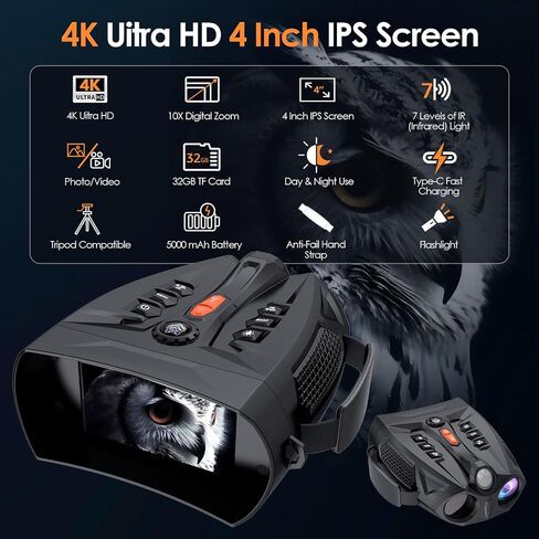 Night Vision Goggles for Adults 4K 10X Digital Zoom | 4'' HD IPS Screen, 850nm IR Illuminator, 7 Level IR, 5000mAh Battery, 1080P Recording, 32GB Card for Hunting Camping Security in Kuwait