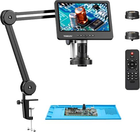 TOMLOV DM602 Pro 10.1" HDMI Digital Microscope 2000x, Pro Boom Arm Stand, LCD Soldering Microscope with 3 Lens, Adults Scope for Electronics Repair, Coin Magnifier Ring Light, PC Compatible, 16G in Kuwait
