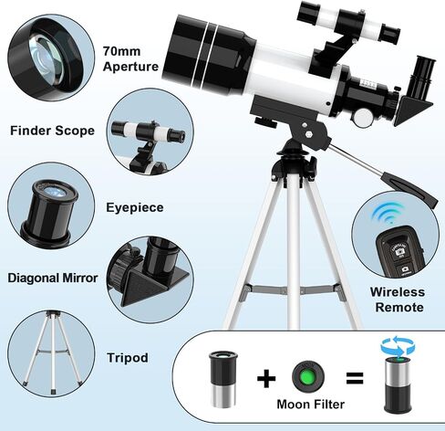 Telescope for Kids, 70MM Aperture Telescopes for Adults (15X-150X) with FMC Optics, 300MM Astronomical Refractor Telescope for Beginners with Phone Adapter, Portable Astronomy Gifts for Moon and Star in Kuwait