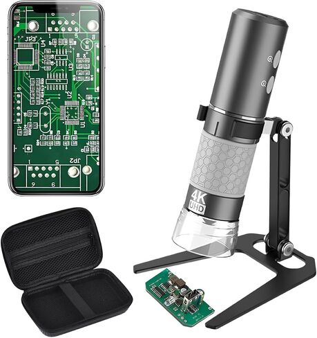 Jiusion 4K 50-1000x WiFi USB Handheld Microscope with Case & Metal Stand | 3840x2160P Wireless Endoscope Camera with 8 LEDs & Storage Case for iPhone iPad Android Mac Windows Linux Chrome in Kuwait