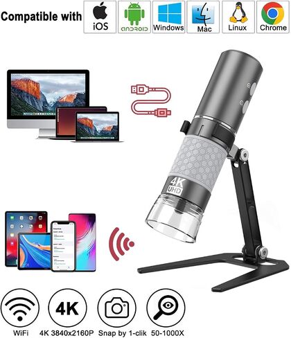 Jiusion 4K 50-1000x WiFi USB Handheld Microscope with Case & Metal Stand | 3840x2160P Wireless Endoscope Camera with 8 LEDs & Storage Case for iPhone iPad Android Mac Windows Linux Chrome in Kuwait