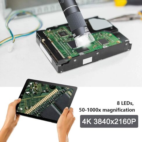 Jiusion 4K 50-1000x WiFi USB Handheld Microscope with Case & Metal Stand | 3840x2160P Wireless Endoscope Camera with 8 LEDs & Storage Case for iPhone iPad Android Mac Windows Linux Chrome in Kuwait