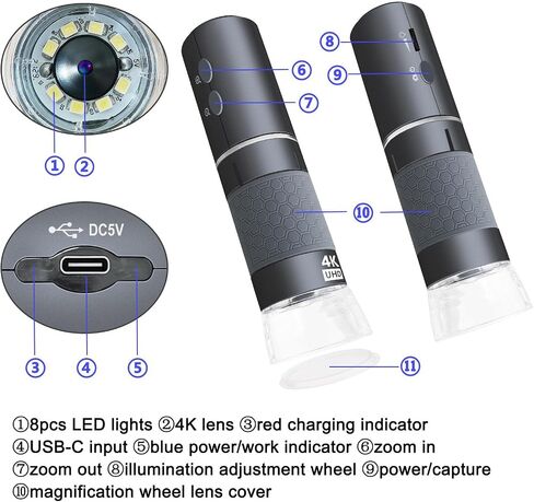Jiusion 4K 50-1000x WiFi USB Handheld Microscope with Case & Metal Stand | 3840x2160P Wireless Endoscope Camera with 8 LEDs & Storage Case for iPhone iPad Android Mac Windows Linux Chrome in Kuwait