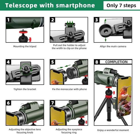 40x60 HD Monocular Telescope for Adults with Smartphone Adapter Tripod Hand Strap, Hand-held Monocular for Adults with BAK4 Prism&FMC Lens for Birdwatching Hiking Concert Travelling in Kuwait