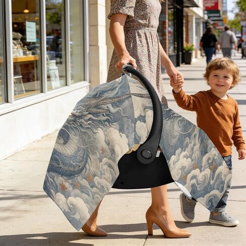 Fall Dragon Print Baby Car Seat Cover Stroller Shade | Muslin-like Cotton Blend, Breathable, Multi-use, Newborn Essentials Must Haves, Fits Most Strollers, for Babies Boys Girls in Kuwait