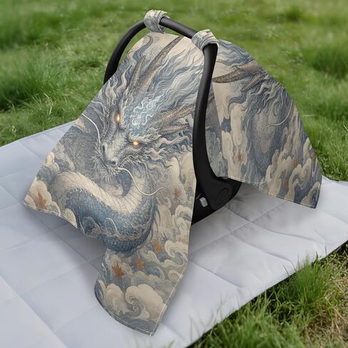 Fall Dragon Print Baby Car Seat Cover Stroller Shade | Muslin-like Cotton Blend, Breathable, Multi-use, Newborn Essentials Must Haves, Fits Most Strollers, for Babies Boys Girls in Kuwait