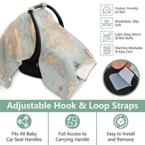 World Map Pattern Baby Car Seat Cover Nursing Cover | Muslin-like Cotton Blend, Breathable, Multi-use, Newborn Essentials Must Haves, Fits Most Strollers, for Babies Boys Girls in Kuwait