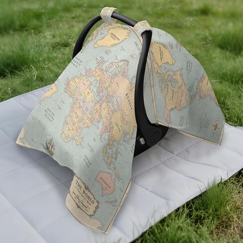 World Map Pattern Baby Car Seat Cover Nursing Cover | Muslin-like Cotton Blend, Breathable, Multi-use, Newborn Essentials Must Haves, Fits Most Strollers, for Babies Boys Girls in Kuwait