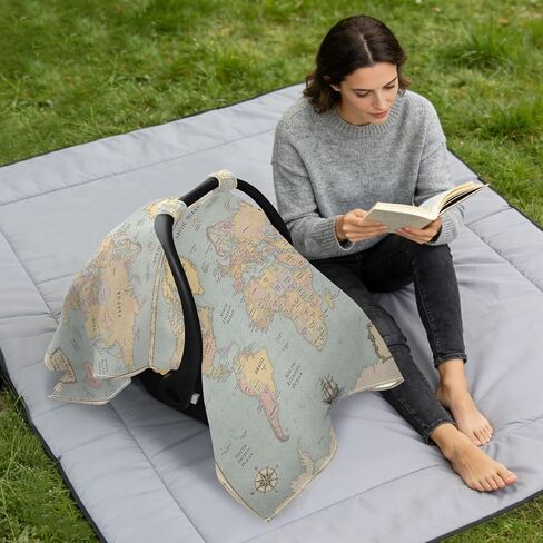 World Map Pattern Baby Car Seat Cover Nursing Cover | Muslin-like Cotton Blend, Breathable, Multi-use, Newborn Essentials Must Haves, Fits Most Strollers, for Babies Boys Girls in Kuwait