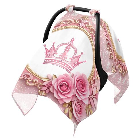 Crown Flowers Pattern Baby Car Seat Cover Stroller Sun Shade | Muslin-like Cotton Blend, Breathable, Multi-use, Newborn Essentials Must Haves, Fits Most Strollers, for Babies Boys Girls in Kuwait