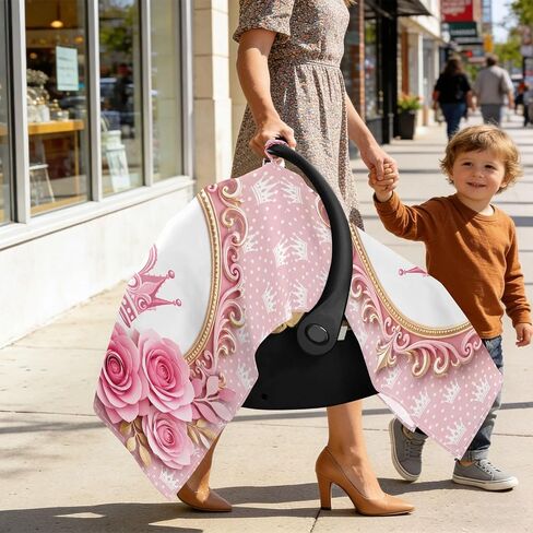 Crown Flowers Pattern Baby Car Seat Cover Stroller Sun Shade | Muslin-like Cotton Blend, Breathable, Multi-use, Newborn Essentials Must Haves, Fits Most Strollers, for Babies Boys Girls in Kuwait