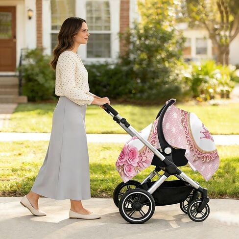 Crown Flowers Pattern Baby Car Seat Cover Stroller Sun Shade | Muslin-like Cotton Blend, Breathable, Multi-use, Newborn Essentials Must Haves, Fits Most Strollers, for Babies Boys Girls in Kuwait