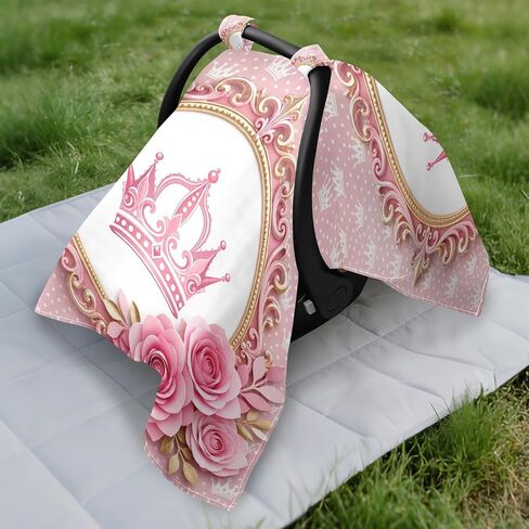 Crown Flowers Pattern Baby Car Seat Cover Stroller Sun Shade | Muslin-like Cotton Blend, Breathable, Multi-use, Newborn Essentials Must Haves, Fits Most Strollers, for Babies Boys Girls in Kuwait