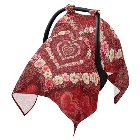 Valentine Heart Print Baby Car Seat Cover Stroller Canopy | Muslin-like Cotton Blend, Breathable, Multi-use, Newborn Essentials Must Haves, Fits Most Strollers, for Babies Boys Girls in Kuwait