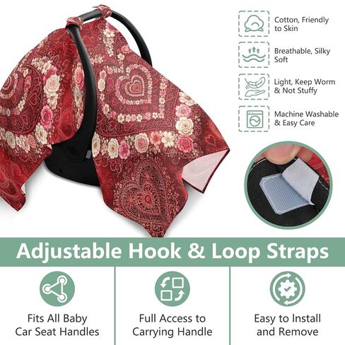 Valentine Heart Print Baby Car Seat Cover Stroller Canopy | Muslin-like Cotton Blend, Breathable, Multi-use, Newborn Essentials Must Haves, Fits Most Strollers, for Babies Boys Girls in Kuwait