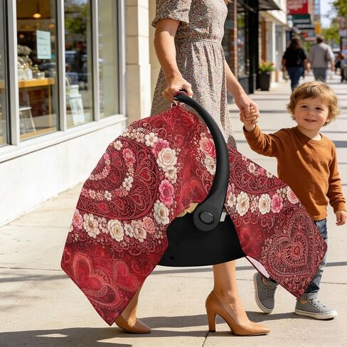 Valentine Heart Print Baby Car Seat Cover Stroller Canopy | Muslin-like Cotton Blend, Breathable, Multi-use, Newborn Essentials Must Haves, Fits Most Strollers, for Babies Boys Girls in Kuwait