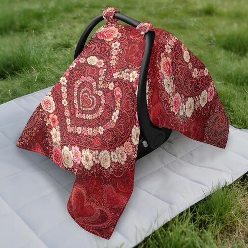 Valentine Heart Print Baby Car Seat Cover Stroller Canopy | Muslin-like Cotton Blend, Breathable, Multi-use, Newborn Essentials Must Haves, Fits Most Strollers, for Babies Boys Girls in Kuwait