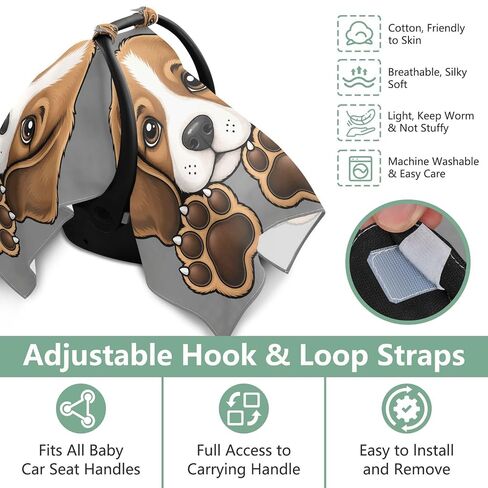 Beagle Puppy Pattern Baby Car Seat Cover Infant Carseat Canopy | Muslin-like Cotton Blend, Breathable, Multi-use, Newborn Essentials Must Haves, Fits Most Strollers, for Babies Boys Girls in Kuwait