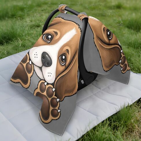 Beagle Puppy Pattern Baby Car Seat Cover Infant Carseat Canopy | Muslin-like Cotton Blend, Breathable, Multi-use, Newborn Essentials Must Haves, Fits Most Strollers, for Babies Boys Girls in Kuwait
