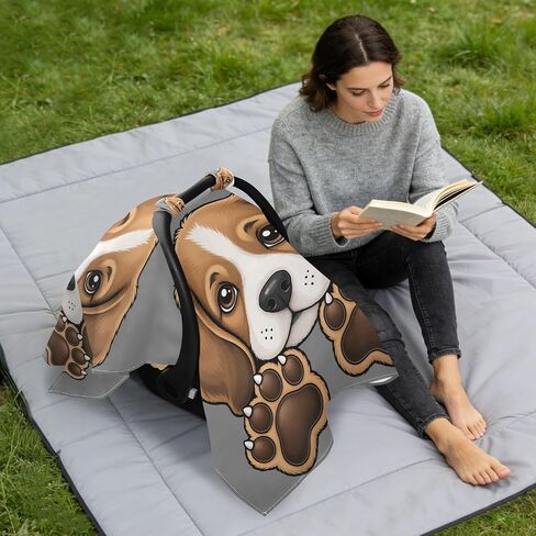 Beagle Puppy Pattern Baby Car Seat Cover Infant Carseat Canopy | Muslin-like Cotton Blend, Breathable, Multi-use, Newborn Essentials Must Haves, Fits Most Strollers, for Babies Boys Girls in Kuwait