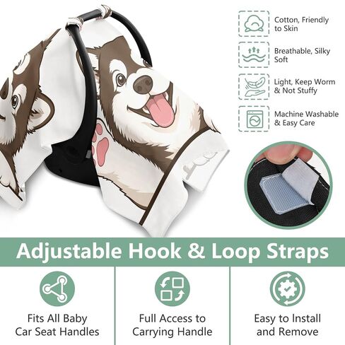 Siberian Husky Print Baby Car Seat Cover Carseat Canopy Cover | Muslin-like Cotton Blend, Breathable, Multi-use, Newborn Essentials Must Haves, Fits Most Strollers, for Babies Boys Girls in Kuwait
