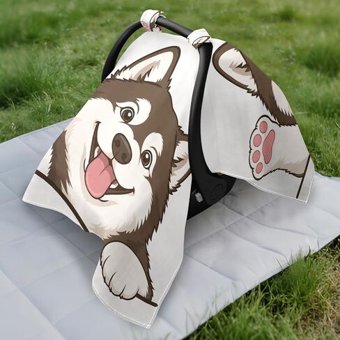 Siberian Husky Print Baby Car Seat Cover Carseat Canopy Cover | Muslin-like Cotton Blend, Breathable, Multi-use, Newborn Essentials Must Haves, Fits Most Strollers, for Babies Boys Girls in Kuwait