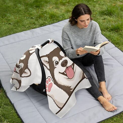 Siberian Husky Print Baby Car Seat Cover Carseat Canopy Cover | Muslin-like Cotton Blend, Breathable, Multi-use, Newborn Essentials Must Haves, Fits Most Strollers, for Babies Boys Girls in Kuwait