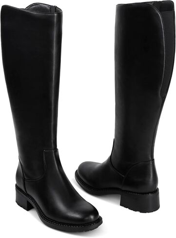 USIMAD Knee High Boots for Women Round Toe Tall Flat Low Chunky Heel Long Riding Boots in Kuwait