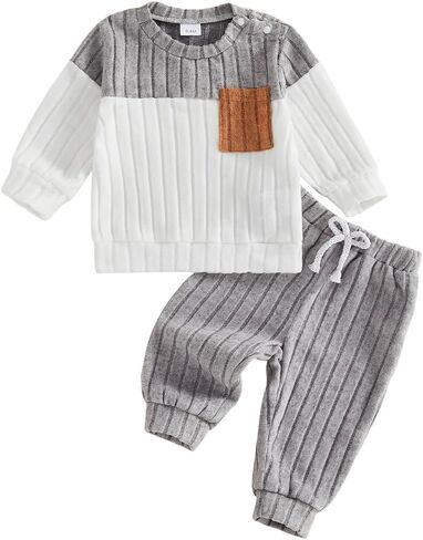 fhutpw Baby Toddler Boy Clothes Plush Knit Color Block Top Jogger Outfits | Soft Ribbed Knit Fabric, Regular Fit, Long Sleeve, 6-12 Month, 12-18 Months, 18-24 Months, 2T, 3T, Family Photography in Kuwait