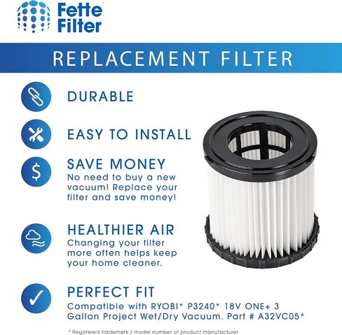 Fette Filter - 4 Pack A32VC05 A32RF08 Replacement Filter Compatible with RYOBI P3240 PCL733 PCL734 18V ONE+ 3 Gal. Wet/Dry Vacuums. Compatible with Hoover ONEPWR BH57105. in Kuwait