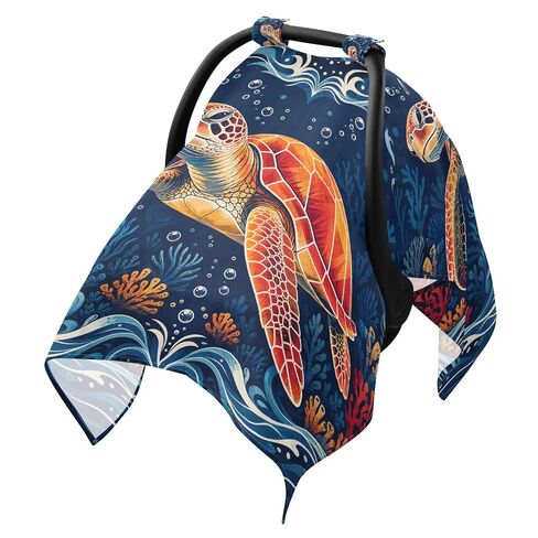 Turtle Sea Print Baby Car Seat Cover Nursing Cover | Muslin-like Cotton Blend, Breathable, Multi-use, Newborn Essentials Must Haves, Fits Most Strollers, for Babies Boys Girls in Kuwait