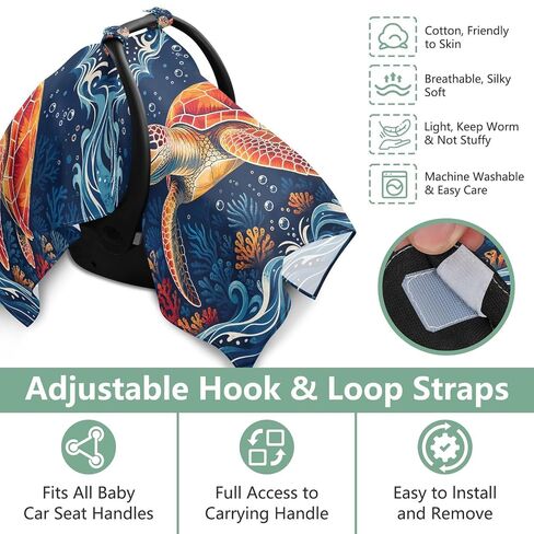Turtle Sea Print Baby Car Seat Cover Nursing Cover | Muslin-like Cotton Blend, Breathable, Multi-use, Newborn Essentials Must Haves, Fits Most Strollers, for Babies Boys Girls in Kuwait