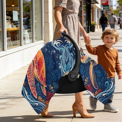 Turtle Sea Print Baby Car Seat Cover Nursing Cover | Muslin-like Cotton Blend, Breathable, Multi-use, Newborn Essentials Must Haves, Fits Most Strollers, for Babies Boys Girls in Kuwait