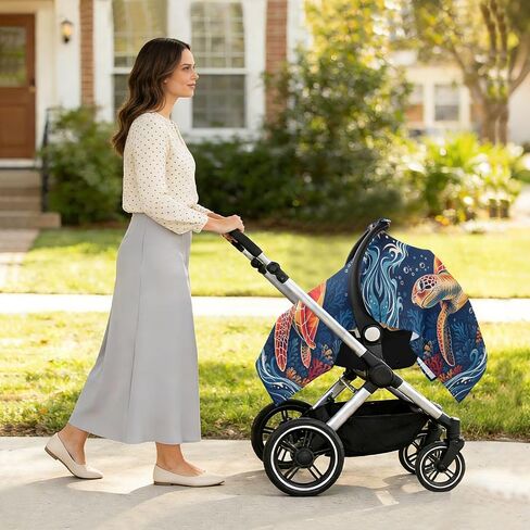 Turtle Sea Print Baby Car Seat Cover Nursing Cover | Muslin-like Cotton Blend, Breathable, Multi-use, Newborn Essentials Must Haves, Fits Most Strollers, for Babies Boys Girls in Kuwait