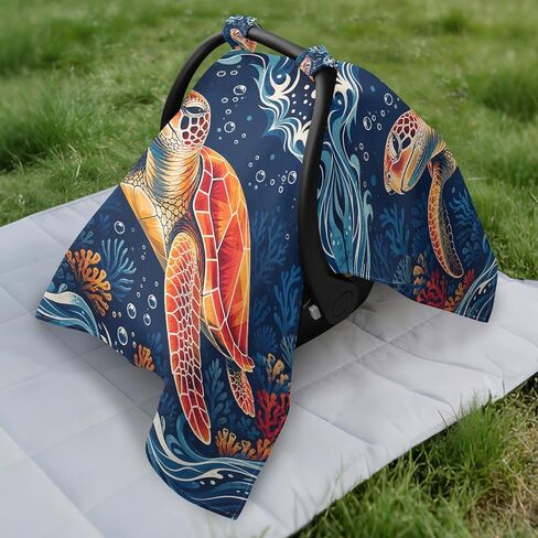 Turtle Sea Print Baby Car Seat Cover Nursing Cover | Muslin-like Cotton Blend, Breathable, Multi-use, Newborn Essentials Must Haves, Fits Most Strollers, for Babies Boys Girls in Kuwait