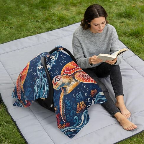 Turtle Sea Print Baby Car Seat Cover Nursing Cover | Muslin-like Cotton Blend, Breathable, Multi-use, Newborn Essentials Must Haves, Fits Most Strollers, for Babies Boys Girls in Kuwait