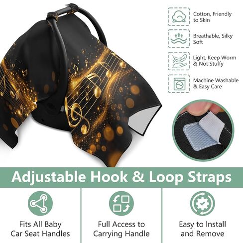 Music Notes Print Baby Car Seat Cover Stroller Shade | Muslin-like Cotton Blend, Breathable, Multi-use, Newborn Essentials Must Haves, Fits Most Strollers, for Babies Boys Girls in Kuwait
