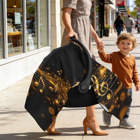 Music Notes Print Baby Car Seat Cover Stroller Shade | Muslin-like Cotton Blend, Breathable, Multi-use, Newborn Essentials Must Haves, Fits Most Strollers, for Babies Boys Girls in Kuwait