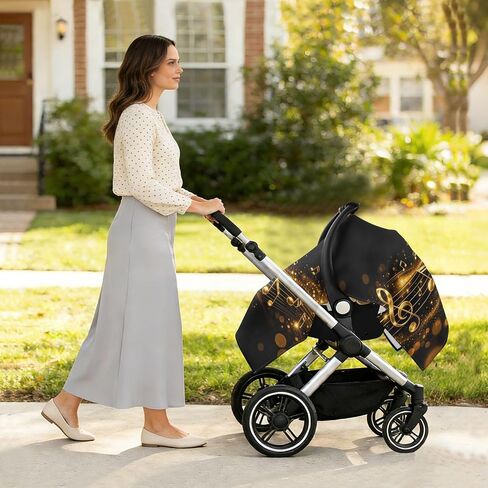 Music Notes Print Baby Car Seat Cover Stroller Shade | Muslin-like Cotton Blend, Breathable, Multi-use, Newborn Essentials Must Haves, Fits Most Strollers, for Babies Boys Girls in Kuwait