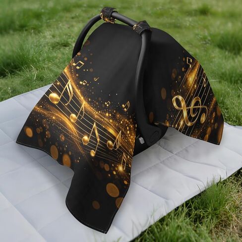 Music Notes Print Baby Car Seat Cover Stroller Shade | Muslin-like Cotton Blend, Breathable, Multi-use, Newborn Essentials Must Haves, Fits Most Strollers, for Babies Boys Girls in Kuwait