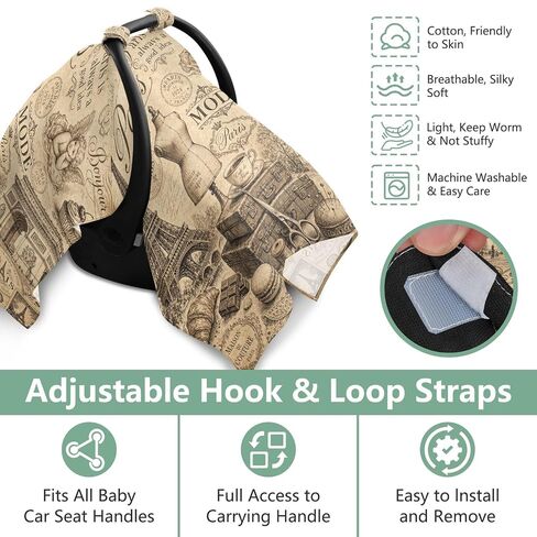 Eiffel Tower Pattern Baby Car Seat Cover Stroller Shade | Muslin-like Cotton Blend, Breathable, Multi-use, Newborn Essentials Must Haves, Fits Most Strollers, for Babies Boys Girls in Kuwait