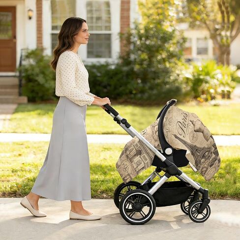 Eiffel Tower Pattern Baby Car Seat Cover Stroller Shade | Muslin-like Cotton Blend, Breathable, Multi-use, Newborn Essentials Must Haves, Fits Most Strollers, for Babies Boys Girls in Kuwait