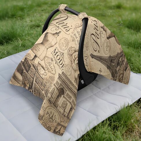 Eiffel Tower Pattern Baby Car Seat Cover Stroller Shade | Muslin-like Cotton Blend, Breathable, Multi-use, Newborn Essentials Must Haves, Fits Most Strollers, for Babies Boys Girls in Kuwait