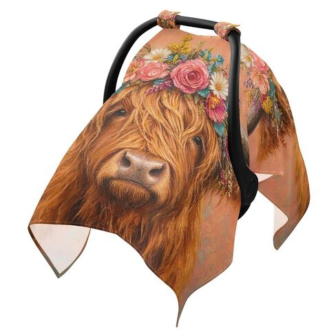 Flowers Cow Pattern Baby Car Seat Cover Stroller Sun Shade | Muslin-like Cotton Blend, Breathable, Multi-use, Newborn Essentials Must Haves, Fits Most Strollers, for Babies Boys Girls in Kuwait