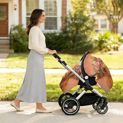 Flowers Cow Pattern Baby Car Seat Cover Stroller Sun Shade | Muslin-like Cotton Blend, Breathable, Multi-use, Newborn Essentials Must Haves, Fits Most Strollers, for Babies Boys Girls in Kuwait