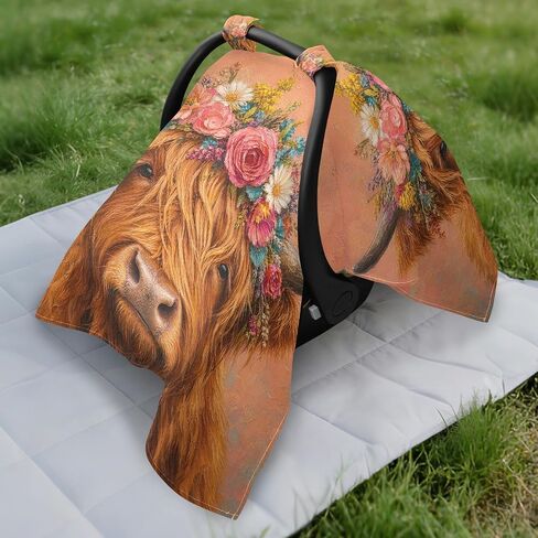 Flowers Cow Pattern Baby Car Seat Cover Stroller Sun Shade | Muslin-like Cotton Blend, Breathable, Multi-use, Newborn Essentials Must Haves, Fits Most Strollers, for Babies Boys Girls in Kuwait